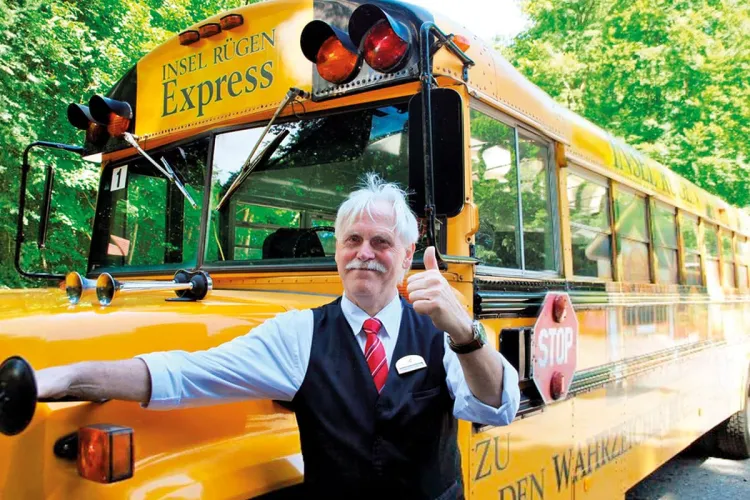 Classic yellow US school bus for scenic tours and day trips on Rügen