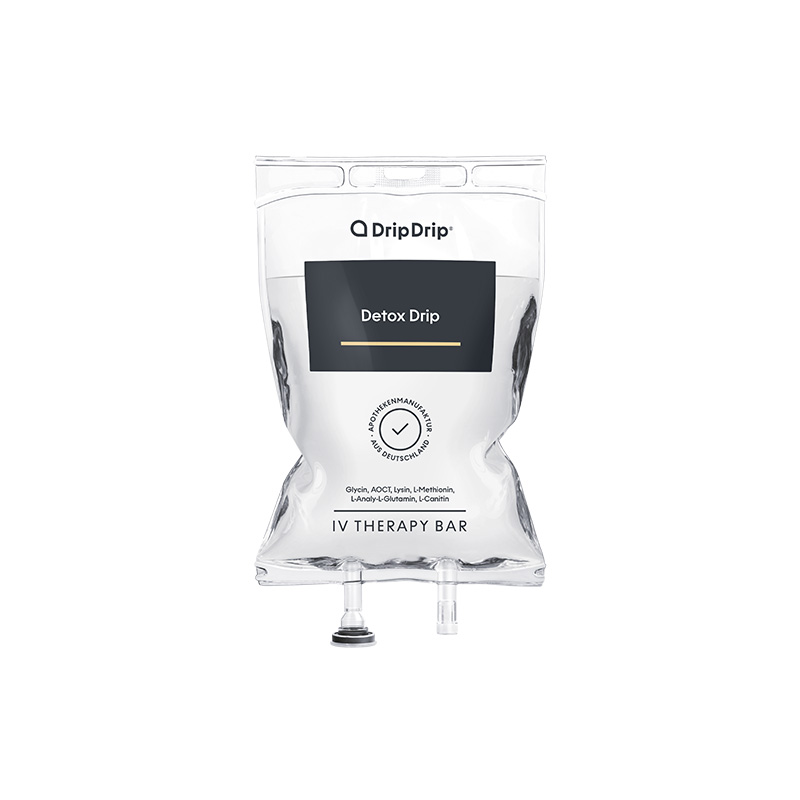 Klare Infusion Detox Drip für Energie, Zellschutz und Entgiftung, modern verpackt im transparenten Infusionsbeutel.