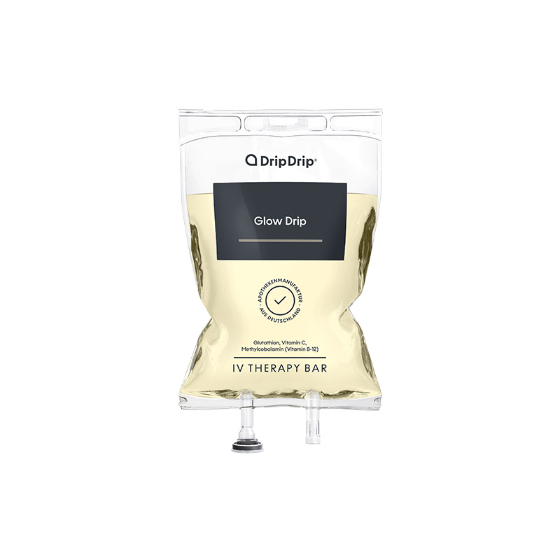 Glow Drip Infusionsbeutel mit vitalisierenden Nährstoffen und Antioxidantien für strahlende Haut und mehr Zellschutz.